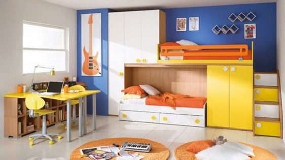 mobilier-camera-copii-albastru-portocaliu-alb